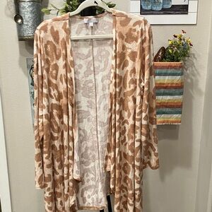 New Directions Tan and Cream Leopard Cardigan water fall front